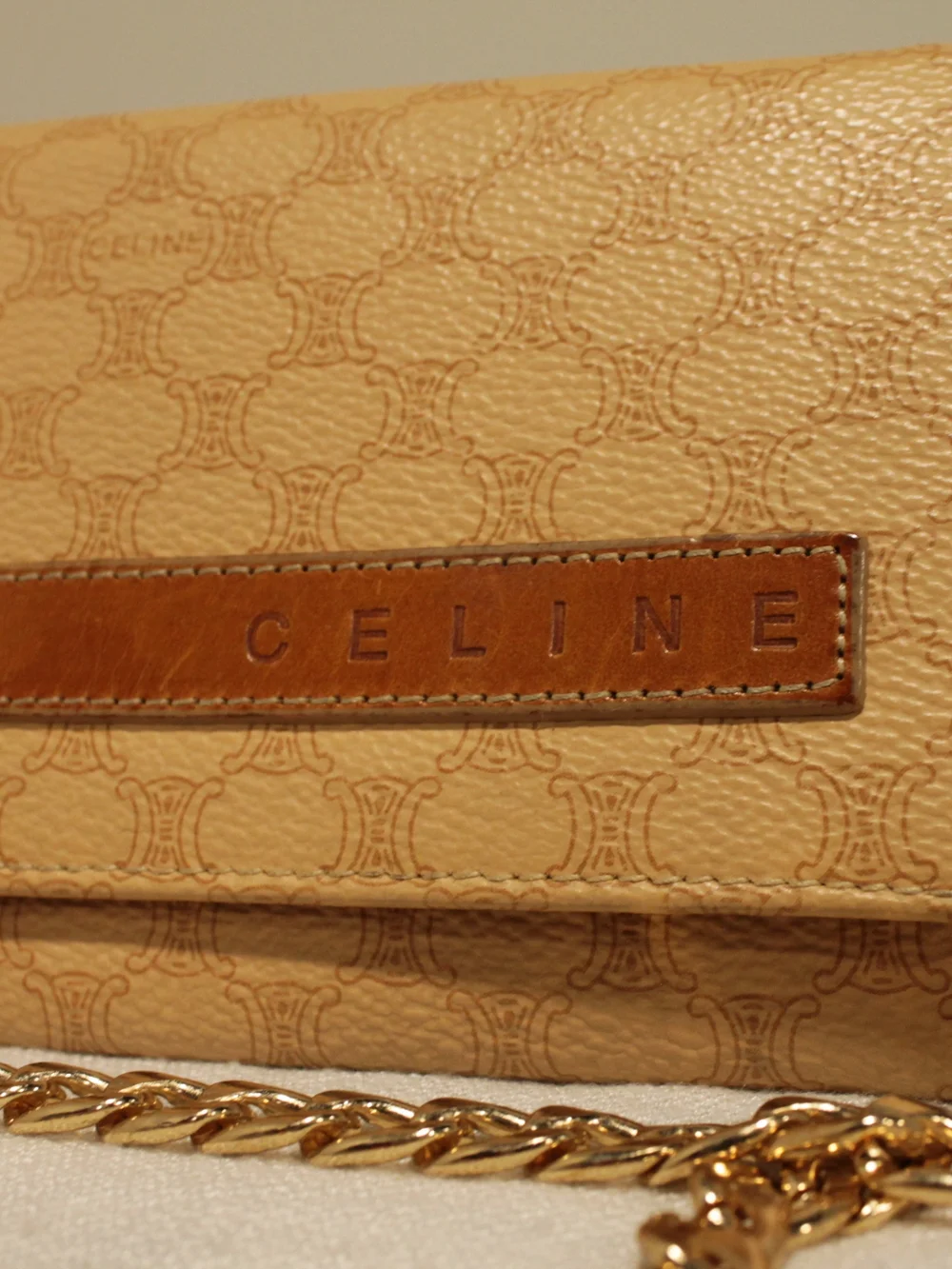 Celine Beige Tan Monogram Chain Clutch